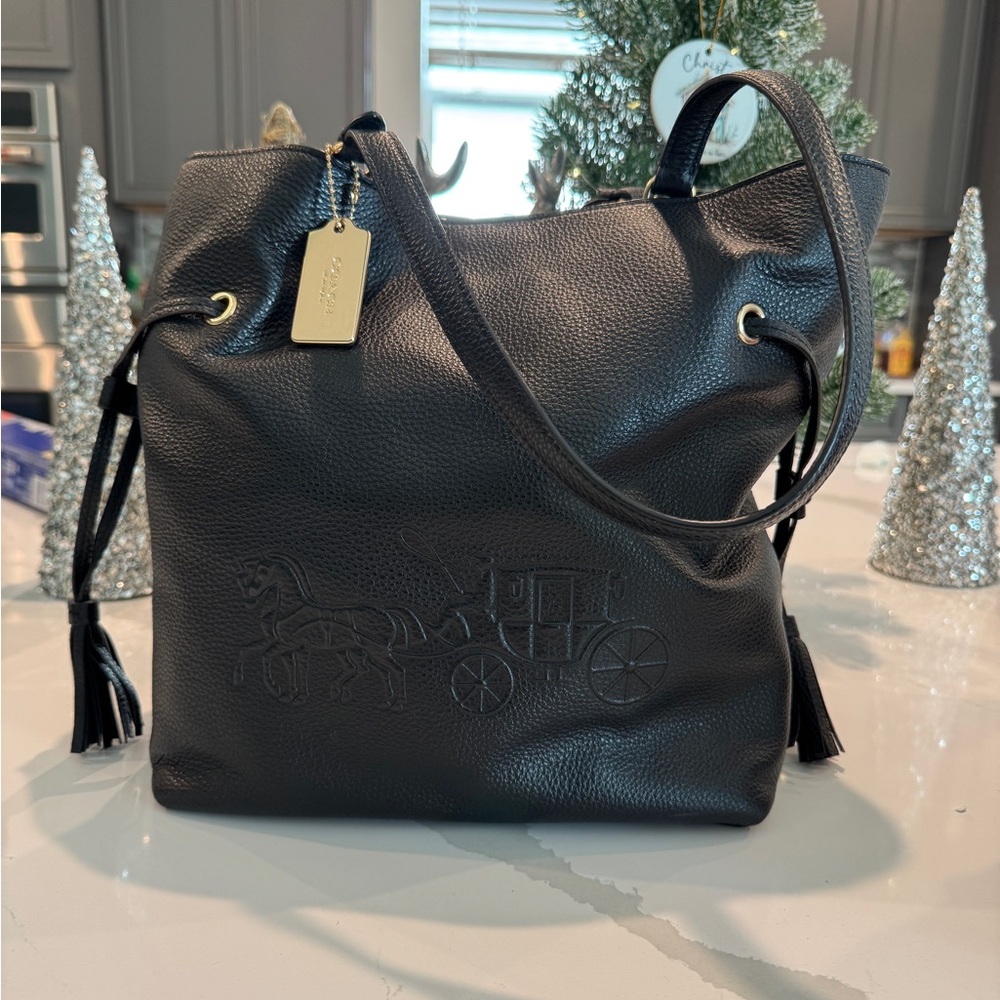 Coach Andy Tote, Pebbled Leather Horse & Carriage, In Black/Gold NWOT